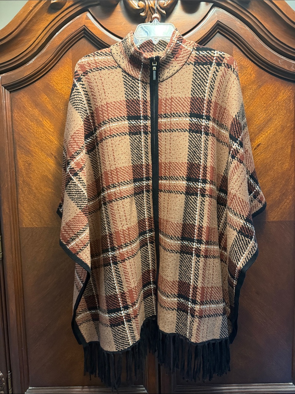 Tahari Zip-Front Plaid Fringe Poncho in Tan & Brown
